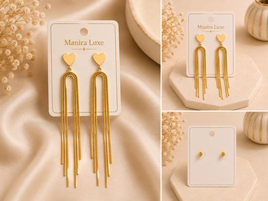 Gold Heart Tassel Drop Earrings