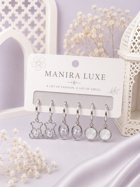 3-Pair Silver Korean Style Random Earrings Set