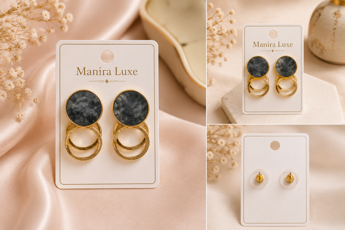 Midnight Marble Gold Drop Earrings