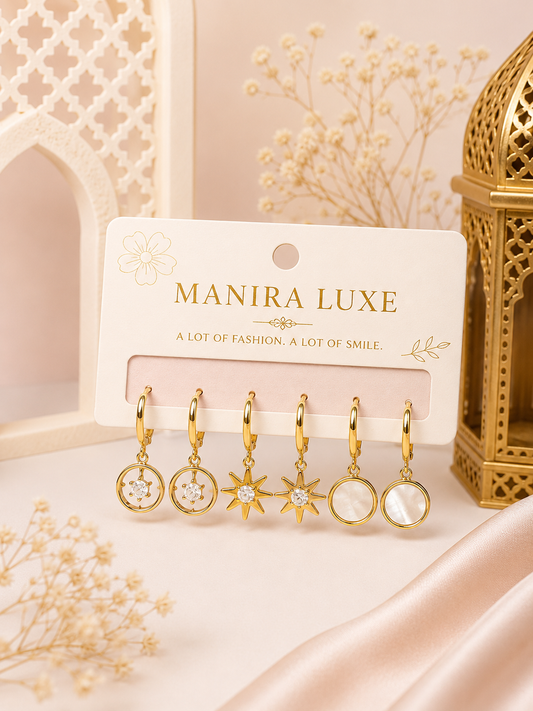3-Pair Golden Korean Style Random Earrings Set
