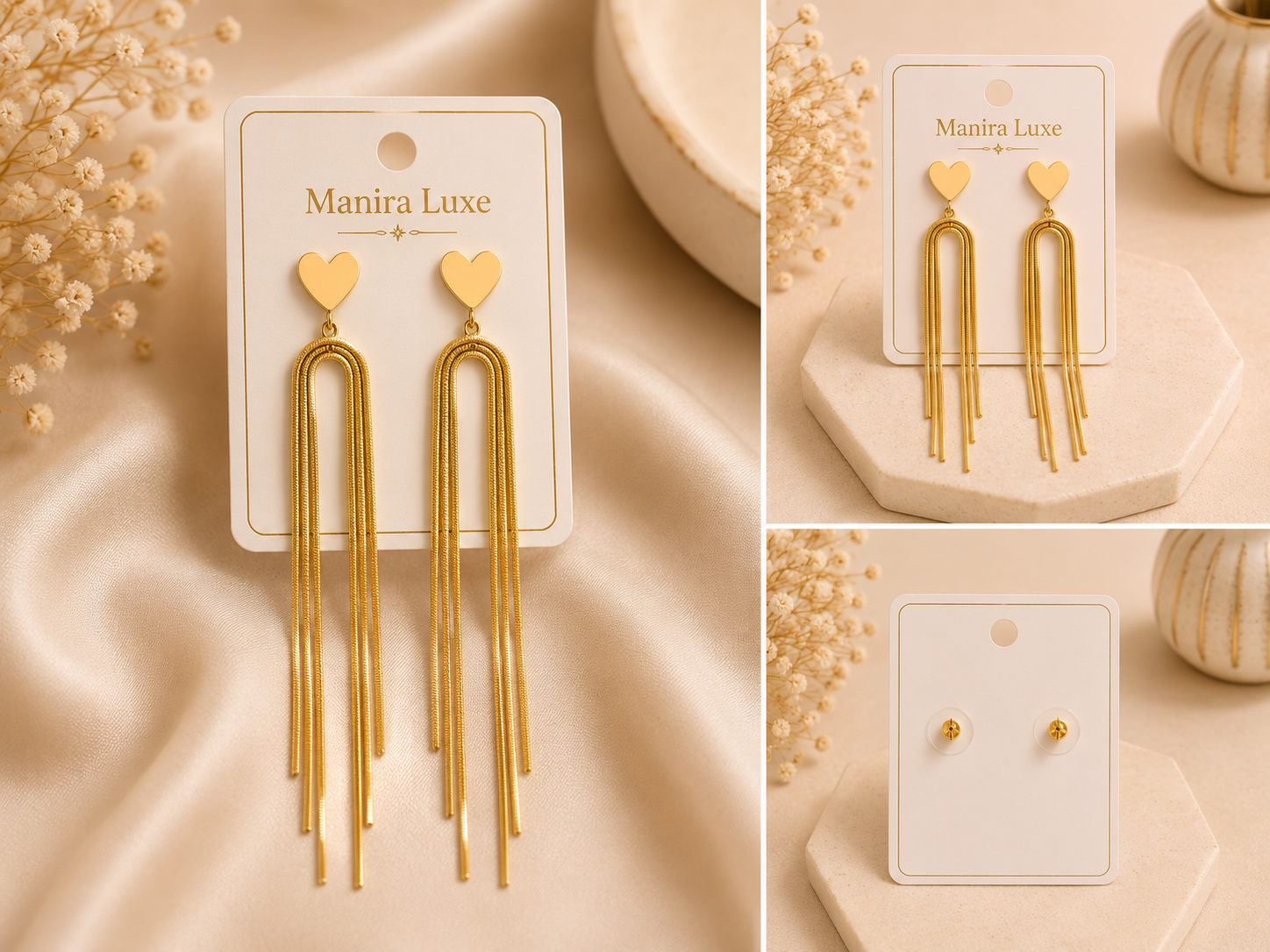 Gold Heart Tassel Drop Earrings