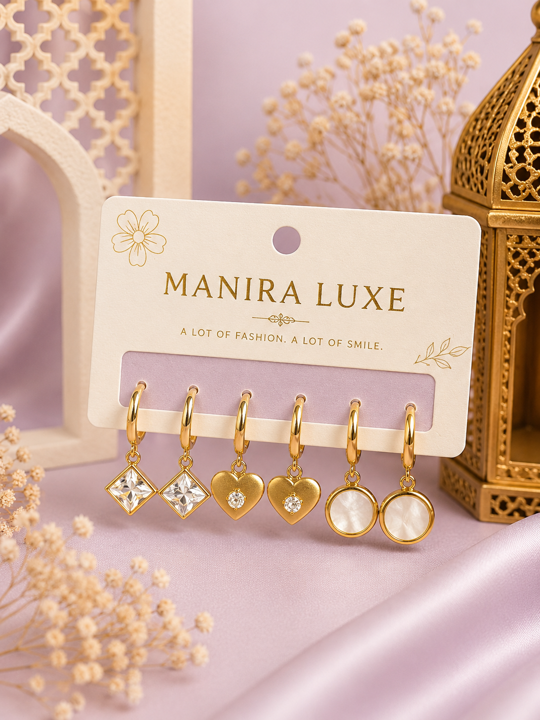 3-Pair Golden Korean Style Random Earrings Set
