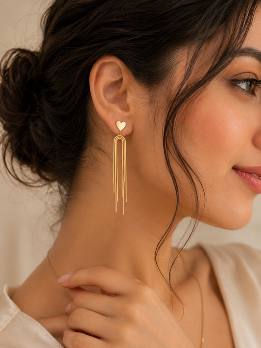 Gold Heart Tassel Drop Earrings