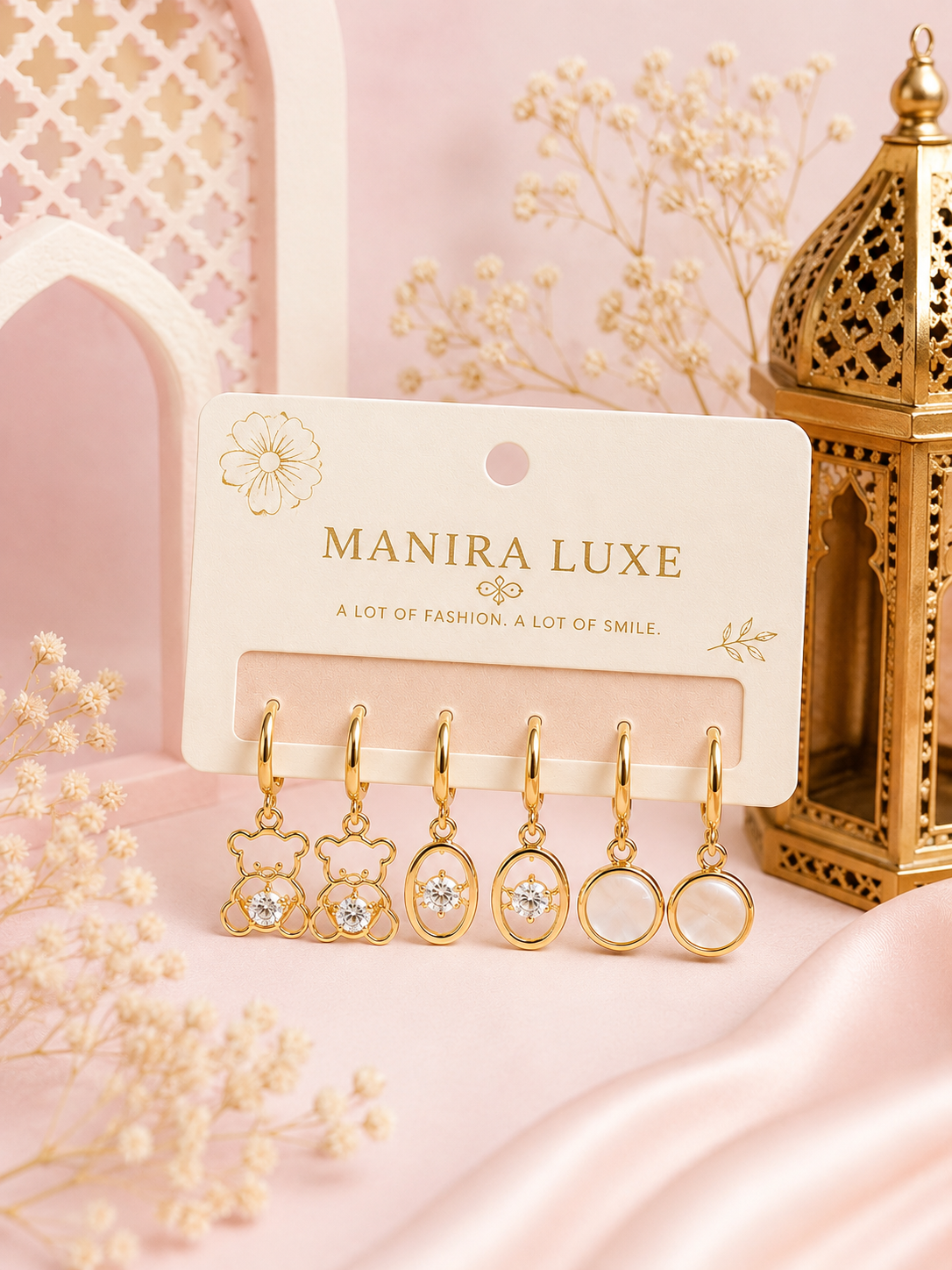 3-Pair Golden Korean Style Random Earrings Set