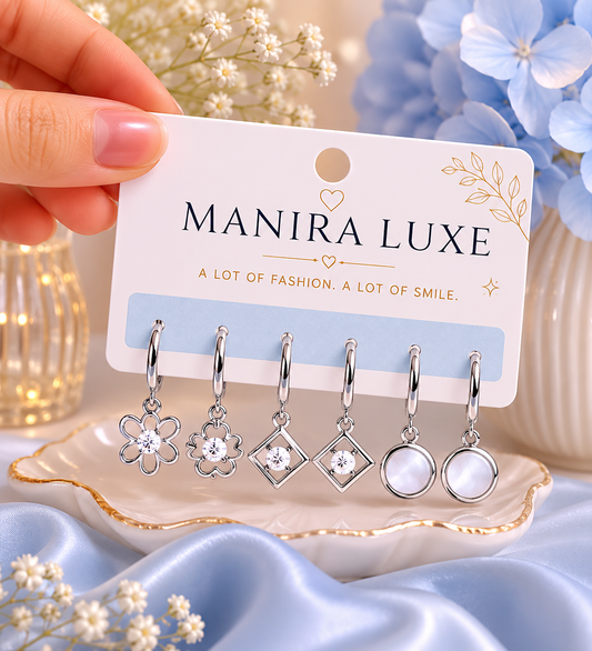 3-Pair Silver Korean Style Random Earrings Set